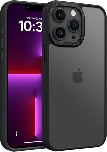 iPhone 13 Pro için Mat Hybrid Materyal Metal Kamera Korumalı ve Metal Tuş Takımlı Ultra Güçlü Koruma Sağlayan ve Şık Görünümlü Premium Kılıf (Siyah, 13 Pro)