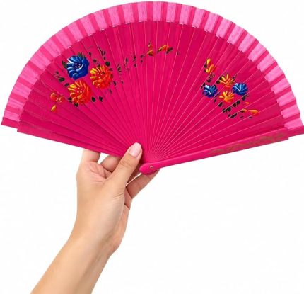 Pembe Zeminli Katlanabilir El Yelpazesi Sarı Mavi Çiçek Desenli Ahşap Saplı Dekoratif El Yelpazesi 40x22 cm Geleneksel Tasarım (Koyu Pembe zeminli mavi-kırmızı çiçekli, 40x22 cm)