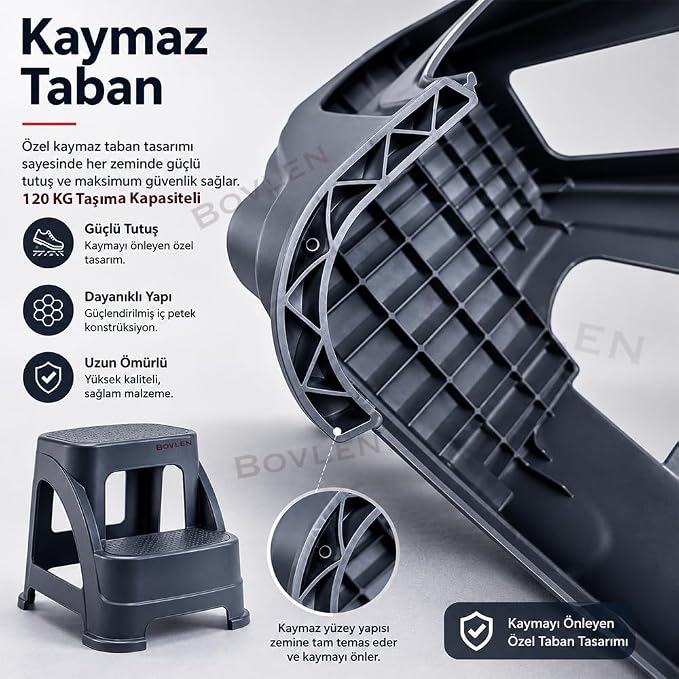 Basamaklı Kaymaz Büyük Boy Tabure - 120 KG Taşıma Kapasiteli - Basamaklı Tabure - Sert Plastik - Görsel 2