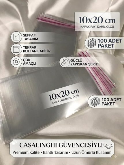 Jelatin Poşet 100 Adet 10x20 cm Kendinden Yapışkanlı Bantlı OPP Torba Kapak Dahil Kurabiye Ambalaj – casalinghi (10x20)