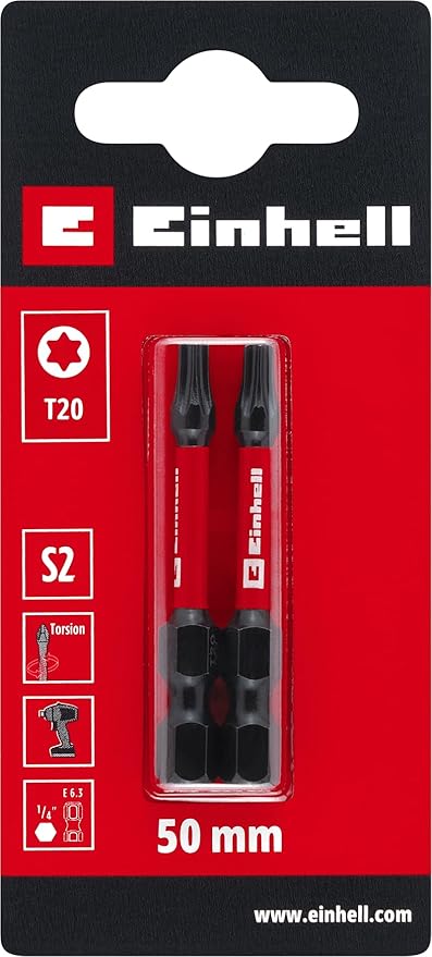 Einhell Darbeli Bit Seti, 2 Parça, 50 mm, T20 (S2 Çelik, Torsiyon Bölgesi, Verimli Güç Aktarımı, Kırmızı Renk Halkası, E 6.3 Sap) - 49131240