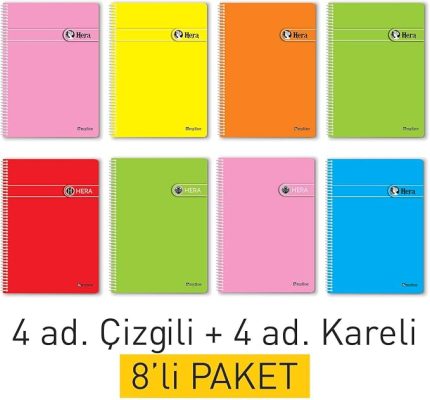 A4 Okul Defteri Spiralli 144 Sayfa Dayanıklı PP Kapak 8'li Paket