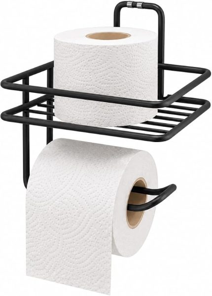 Banyo Yapışkanlı Siyah Raflı Tuvalet Kağıtlığı, Delmeden Montaj Duvar Tipi Tuvalet Kağıdı Tutucu, Banyo ve WC Organizer