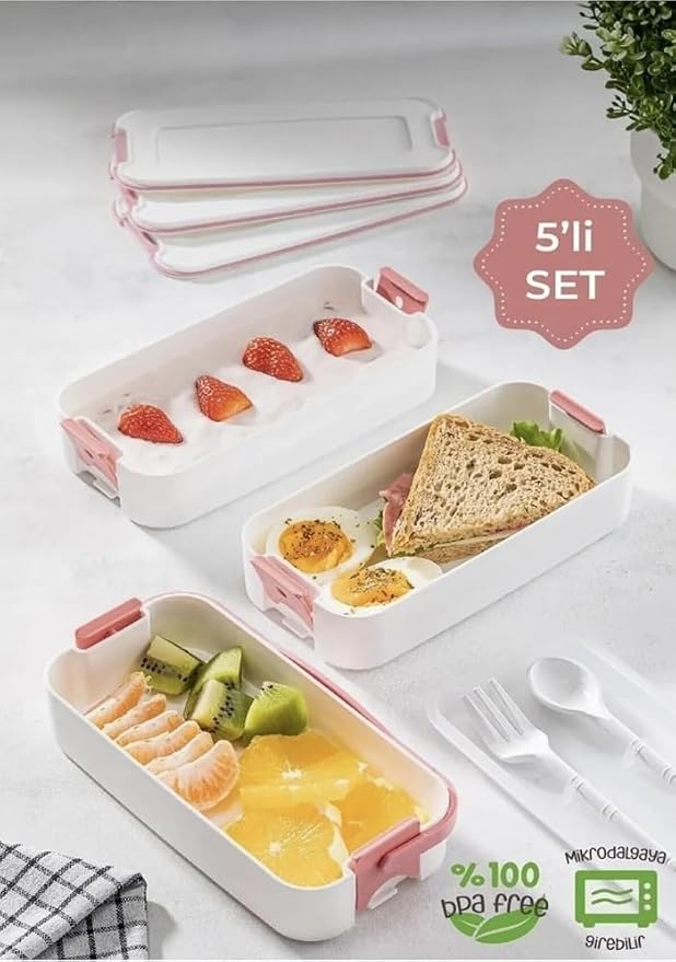Home 1260 ml 3 Katlı 6 Bölmeli BPA'sız PP Plastik Sefer Taşıma ve Beslenme Çantası, Kilitli Bento Lunch Box, Mikrodalgaya Uygun, Çatal ve Kaşık Dahil (Pembe) - Görsel 3