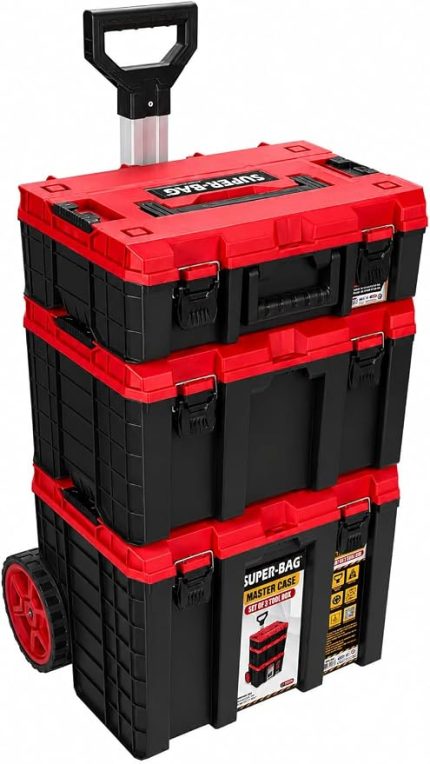 S-M-L Master Case 3'lü Modüler Tekerlekli Takım Çantası Seti, Organizerli Alet Taşıma ve Depolama Sistemi, Çekçek Kollu, Büyük Hacimli, Elektrikçi Tesisatçı Servis İçin, Kırmızı-Siyah