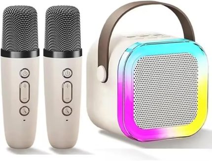 Kablosuz Mikrofonlu Karaoke Makinesi Taşınabilir Bluetooth Hoparlör Seti Bas Tiz Ayarlı Retro Hoparlör Yetişkinler ve Çocuklar İçin Hafıza Kartı ve USB 10x10x6cm (Çiftli K12 - Krem)