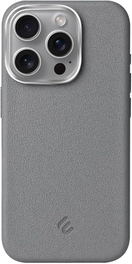 iPhone 16 Pro için MagSafe ile Uyumlu Çizilmeyen ve Parmak İzi Tutmayan Deri Görünümlü Metal Tuşlu ve Metal Lens Çerçeveli Hybrid Silikon Kılıf (Gri, 16 Pro)