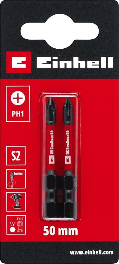 Einhell Darbeli Bit Seti, 2 Parça, 50 mm, PH1 (S2 Çelik, Torsiyon Bölgesi, Verimli Güç Aktarımı, Kırmızı Renk Halkası, C 6.3 Sap) - 49131160