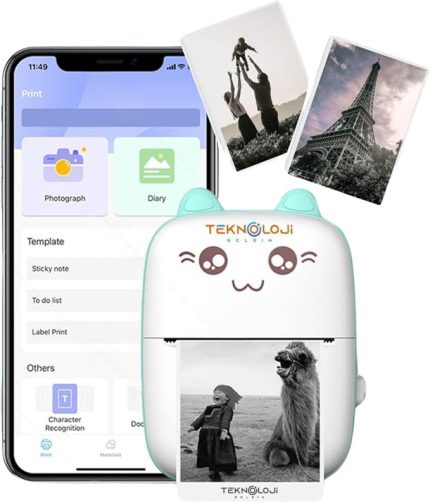 Cep Yazıcı Taşınabilir Bluetooth Kablosuz Şarjlı 6 Rulo 3 Kalem Seti Hediye Mavi Yazıcı