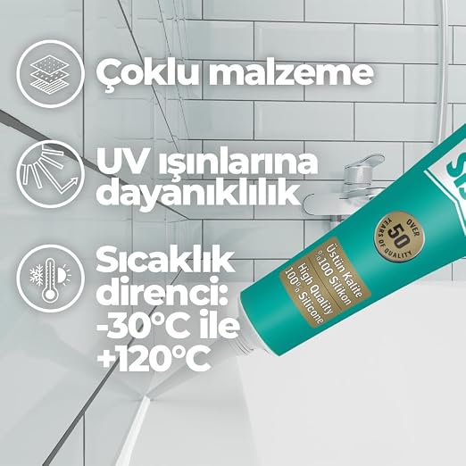 Universal Silikon, Üstün kalite %100 Beyaz Silikon, Mutfak, Banyo ve Pencereler İçin Hızlı Kuruyan Dolgu Macunu, Sararma ve Küflenme Yapmaz, 50 gr Tüp - Görsel 5