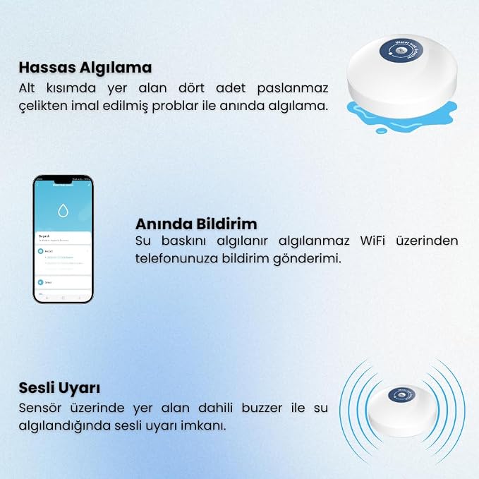 Su Baskını Sensörü - Dahili Alarmlı ( Tuya, Smart Life Uyumlu ) ( WSB-01 ) - Görsel 3