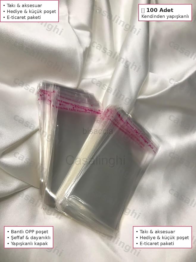 CM (KAPAK PAYI DAHİL) Kendinden Yapışkanlı Jelatin Poşet Bantlı Şeffaf Opp Torba Paket 100lü - Görsel 3