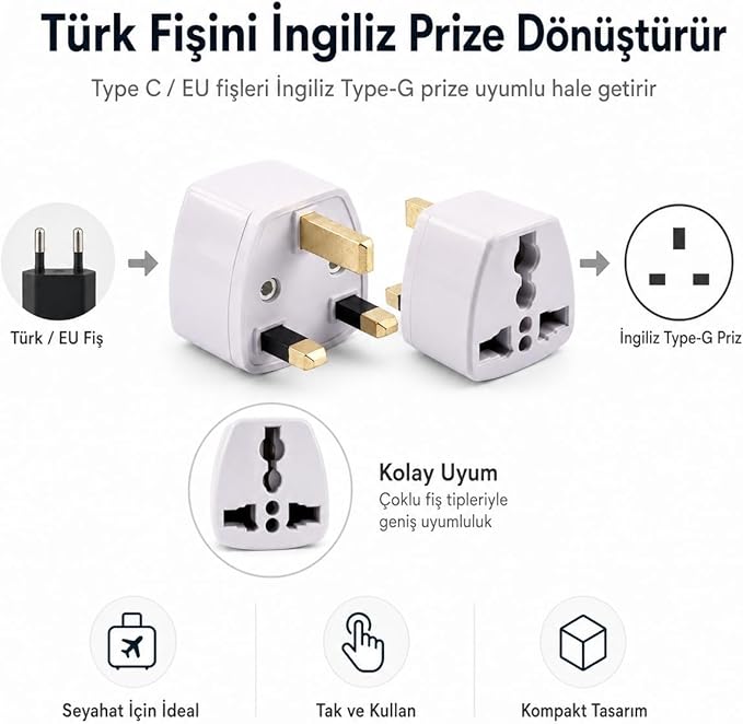 PX-420 Türk Prizini İngiliz Prize Çevirici Adaptör, 250V Type-G UK Priz Dönüştürücü, Hac Umre ve Seyahat İçin İngiliz Tipi Priz Çevirici, Beyaz - Görsel 5