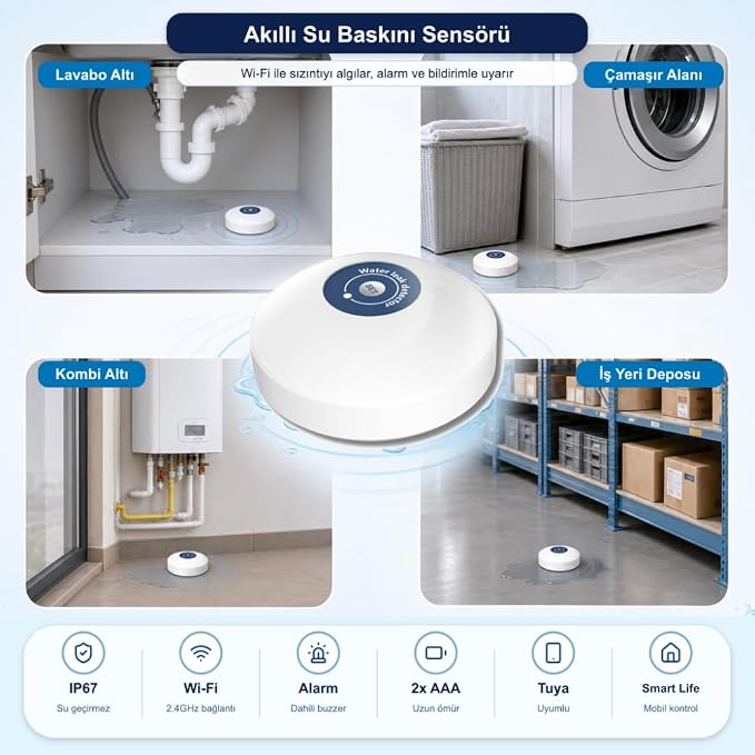 Su Baskını Sensörü - Dahili Alarmlı ( Tuya, Smart Life Uyumlu ) ( WSB-01 ) - Görsel 2