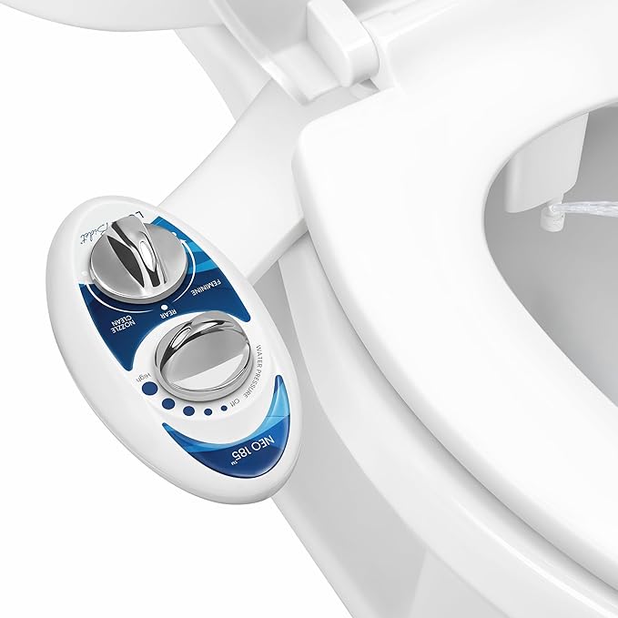 Bidet Neo 185 – kendi kendini temizleyen çift başlık – taze, elektriksiz su, mekanik bide tuvalet başlığı (mavi ve beyaz)