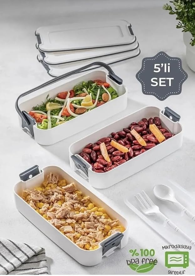 Home 1260 ml 3 Katlı 6 Bölmeli BPA'sız PP Plastik Sefer Taşıma ve Beslenme Çantası, Kilitli Bento Lunch Box, Mikrodalgaya Uygun, Çatal ve Kaşık Dahil (Pembe) - Görsel 5