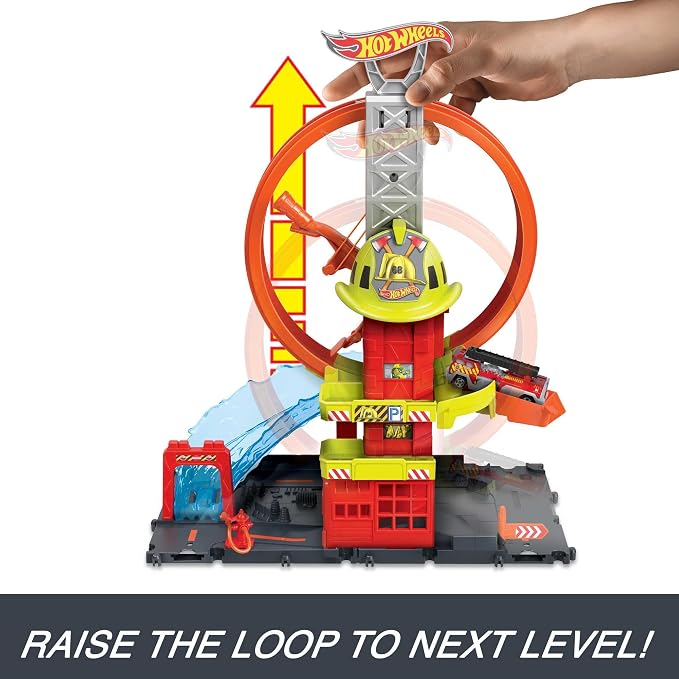 Wheels Çember Pistli İftaiye İstasyonu 1 oyuncak araba ve süper çemberli itfaiye istasyonu içeren Hot Wheels™ Şehri Çember Pistli İftaiye İstasyonu HKX41 | Diğer setlere bağlanan 1 oyuncak araba, çocuklarla çalışan asansör, su benzeri rampa ve döngü pisti oyunu içerir - Görsel 5