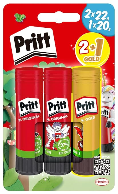Stick Yapıştırıcı, 2+1 Simli ve Güvenli El işi Yapıştırıcısı, Hızlı ve Pratik Yapıştıran Okul ve Ofis Malzemesi, 2x22g+1x20g Pritt Stick Yapıştırıcı Sari
