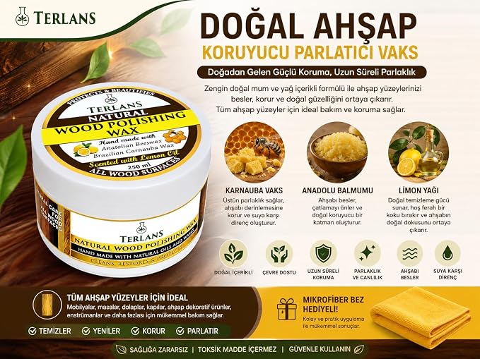 Doğal Ahşap Koruyucu Parlatıcı Vaks 250 ml Üstün Koruma + Mikrofiber Bez - Görsel 2