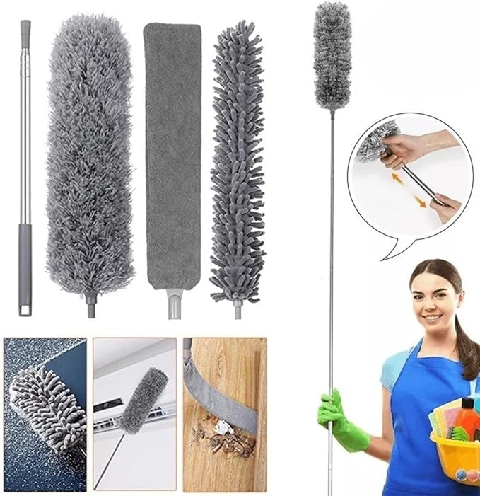 Çok Amaçlı Toz Alma Fırçası Seti, 3 Değiştirilebilir Başlıklı Mikrofiber Temizlik Aparatı, Uzatılabilir Saplı (3 Başlıklı Toz Alıcı) - Görsel 4