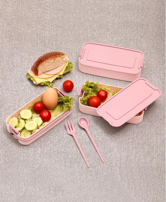 Home 1260 ml 3 Katlı 6 Bölmeli BPA'sız PP Plastik Sefer Taşıma ve Beslenme Çantası, Kilitli Bento Lunch Box, Mikrodalgaya Uygun, Çatal ve Kaşık Dahil (Pembe) - Görsel 2