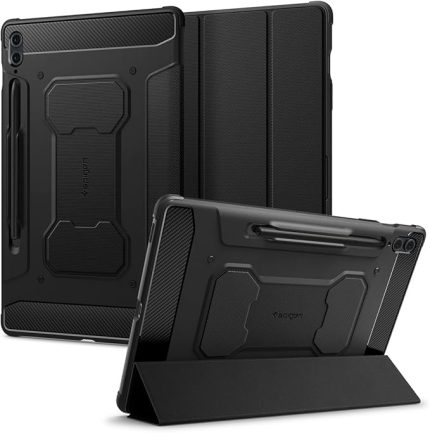 Galaxy Tab S10 Plus / S9 Plus ile Uyumlu Kılıf Rugged Armor Pro Stand özellikli Üst Düzey Koruma Siyah Karbon Kapak - ACS06539 (Spigen TR Garantili)