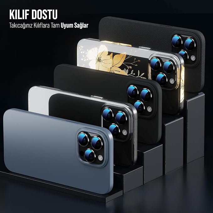 iPhone 16 Pro Max / iPhone 16 Pro / 17 Pro Max / 17 Pro İle Uyumlu Kamera Lens Koruyucu Kolay Kurulum Safir Parmak İzi Bırakmayan Anti-Reflective (Siyah) - Görsel 5