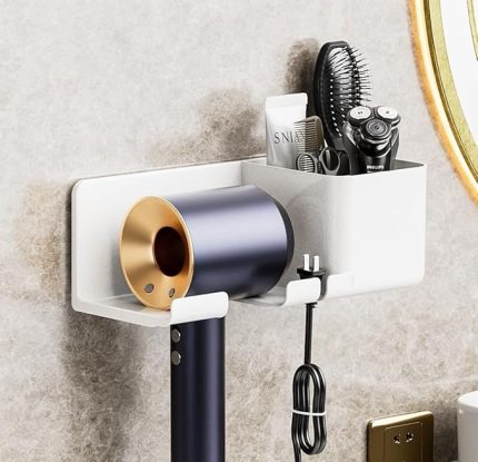 Saç Kurutma Makinesi Tutucu Banyo Organizeri: Duvara Monte Edilebilir, Pratik Depolama Çözümü (Beyaz)