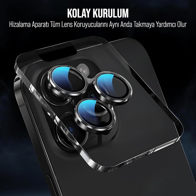 iPhone 16 Pro Max / iPhone 16 Pro / 17 Pro Max / 17 Pro İle Uyumlu Kamera Lens Koruyucu Kolay Kurulum Safir Parmak İzi Bırakmayan Anti-Reflective (Siyah) - Görsel 4