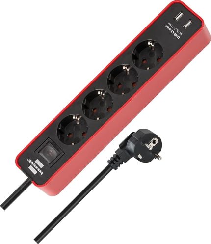 USB Hızlı Şarj Özellikli 4 Soketli Priz Kırmızı