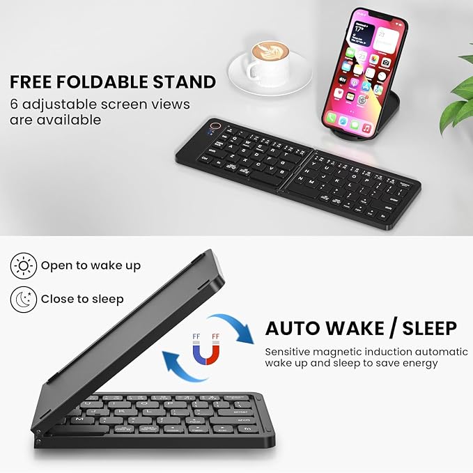 Katlanabilir Kablosuz Bluetooth Klavye, 67 Tuş Makas Mekanizmalı, iOS Android Windows Uyumlu, USB-C Şarjlı, 150 mAh Batarya, 10 m Menzil, Çift Katlanır Taşınabilir Tasarım | (B028 Siyah) - Görsel 2