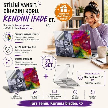 MacBook Air 13 İnç M1 A2337 Şeffaf Kılıf, Kristal Hard Case 3'lü Premium Koruma Seti, 3M Brain Tasarım Sticker + USB-C USB Adaptör, İnce Hafif Darbe ve Çizilme Korumalı, Tam Uyum Gri