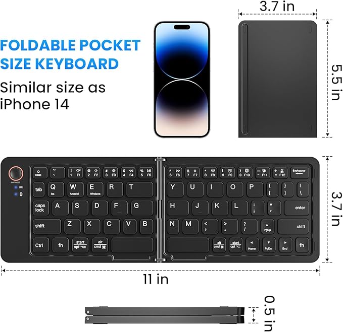 Katlanabilir Kablosuz Bluetooth Klavye, 67 Tuş Makas Mekanizmalı, iOS Android Windows Uyumlu, USB-C Şarjlı, 150 mAh Batarya, 10 m Menzil, Çift Katlanır Taşınabilir Tasarım | (B028 Siyah) - Görsel 5