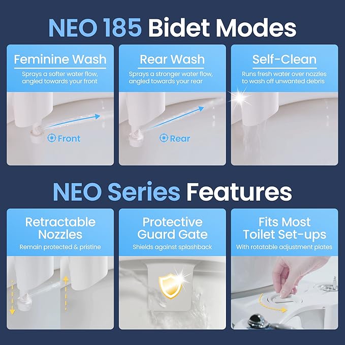 Bidet Neo 185 – kendi kendini temizleyen çift başlık – taze, elektriksiz su, mekanik bide tuvalet başlığı (mavi ve beyaz) - Görsel 3