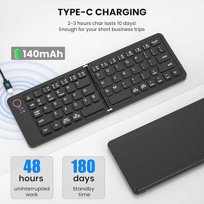 Katlanabilir Kablosuz Bluetooth Klavye, 67 Tuş Makas Mekanizmalı, iOS Android Windows Uyumlu, USB-C Şarjlı, 150 mAh Batarya, 10 m Menzil, Çift Katlanır Taşınabilir Tasarım | (B028 Siyah) - Görsel 3