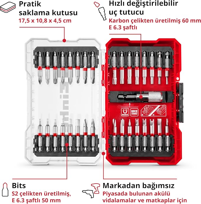 M-CASE 33 Parça Uç Seti (S2 çelikten yapılmış 50 mm uçlara sahip akülü vidalamalar ve elektrikli matkaplar için,hızlı değiştirilebilir uç tutucu, saklama kutusu) - 49118903 - Görsel 2