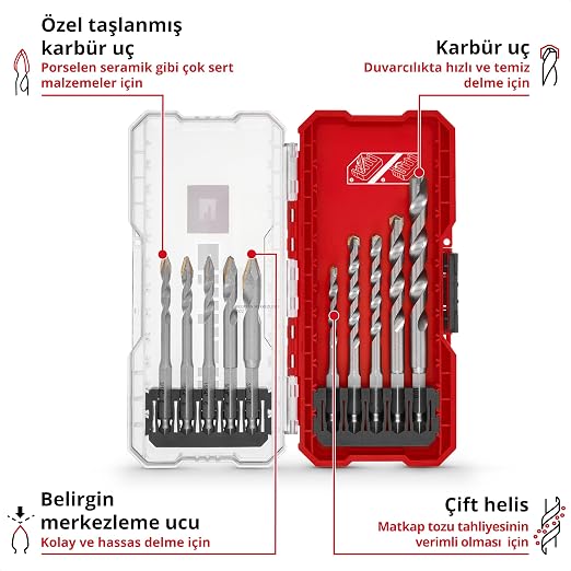 Einhell S-CASE 10 Parça Karbür Fayans Matkap Ucu Seti (Takım Çeliğinden Üretilmiştir, Özel Taşlanmış Karbür Plaka, Merkezleme Ucu, Çift Helis, E 6.3 Sap, Saklama Kutusu Dahil) - 49051410 - Görsel 2