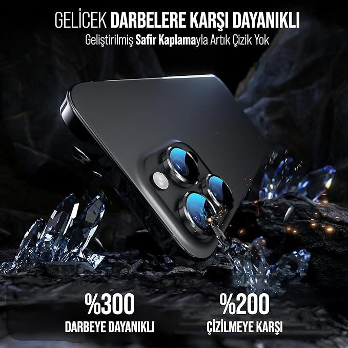 iPhone 16 Pro Max / iPhone 16 Pro / 17 Pro Max / 17 Pro İle Uyumlu Kamera Lens Koruyucu Kolay Kurulum Safir Parmak İzi Bırakmayan Anti-Reflective (Siyah) - Görsel 2
