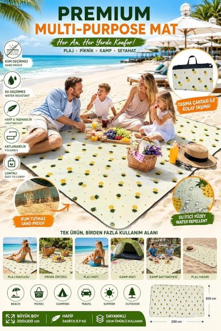 Havlusu, Piknik Örtüsü, Plaj Matı, Çantalı Plaj Hasırı,Kamp Battaniyesi, Kamp Matı, Katlanabilir, Hafif, Su Geçirmez, Piknik Matı Kum Geçirmez (Ananaslı)