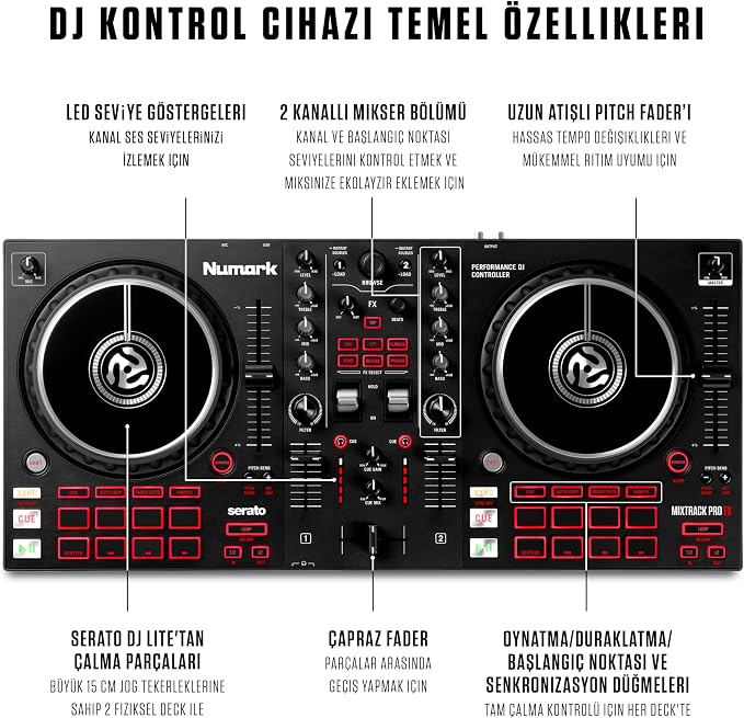 Mixtrack Pro FX 2 Deck DJ Controller | 2 Deck, 3 Bantlı EQ DJ Mikseri, 16 Pad, 2 Efekt Pedalı, Ses Arabirimi, Serato DJ Lite - Görsel 3