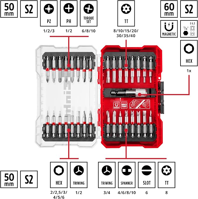 M-CASE 33 Parça Uç Seti (S2 çelikten yapılmış 50 mm uçlara sahip akülü vidalamalar ve elektrikli matkaplar için,hızlı değiştirilebilir uç tutucu, saklama kutusu) - 49118903 - Görsel 3
