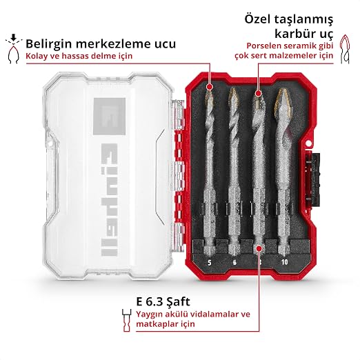 Einhell XS-CASE 4 Parça Karbür Fayans Matkap Ucu Seti (Takım Çeliğinden Üretilmiştir, Özel Taşlanmış Karbür Plaka, Merkezleme Ucu, E 6.3 Sap, Saklama Kutusu Dahil) - 49051404 - Görsel 2
