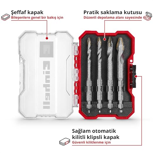 Einhell XS-CASE 4 Parça Karbür Fayans Matkap Ucu Seti (Takım Çeliğinden Üretilmiştir, Özel Taşlanmış Karbür Plaka, Merkezleme Ucu, E 6.3 Sap, Saklama Kutusu Dahil) - 49051404 - Görsel 3