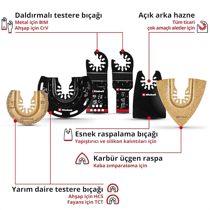 Einhell 6 Parça Multitool Seti (Dalma, HCS Yarım Daire, CrV Dalma, Karbür Uçlu Yarım Daire Testere Bıçağı, Karbür Delta Rasp, Esnek Spatula – Open Back bağlantılı) - 49708106 - Görsel 2
