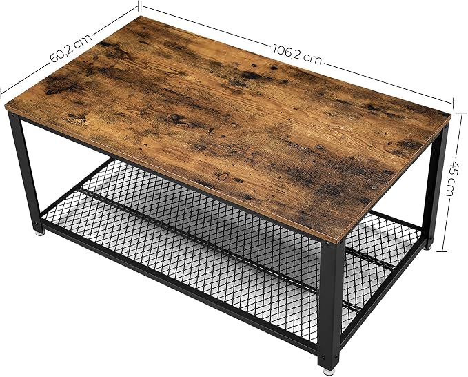 Sehpa, 2 Katlı Oturma Odası Masası, Izgara Raflı, Tv Masası, Metal Çerçeve, Ayarlanabilir Ayaklar, Oturma Odası Için, Endüstriyel Tarz, Vintage Kahverengi/Siyah Lct61X | Sehpa, geniş raflı kanepe masası, sağlam, montajı kolay, oturma odası, DAXTON LCT61X Koleksiyonu - Görsel 3