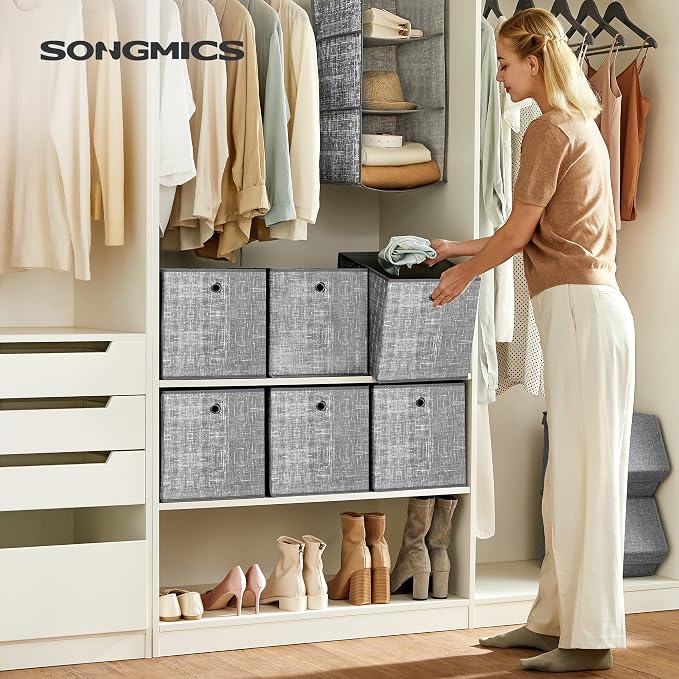 Saklama Kutusu, 6'lı Set, Dokunmamış Kumaştan Yapılmış Saplı Düzenleme Kutuları, Katlanır Kutu, Giysi Saklama, Benekli Gri | Dokusuz kumaştan düzenleme kutuları, metal halkalı, küp raf için, gri ve güvercin grisi, TINA koleksiyonu RFB02LG-3 - Görsel 2