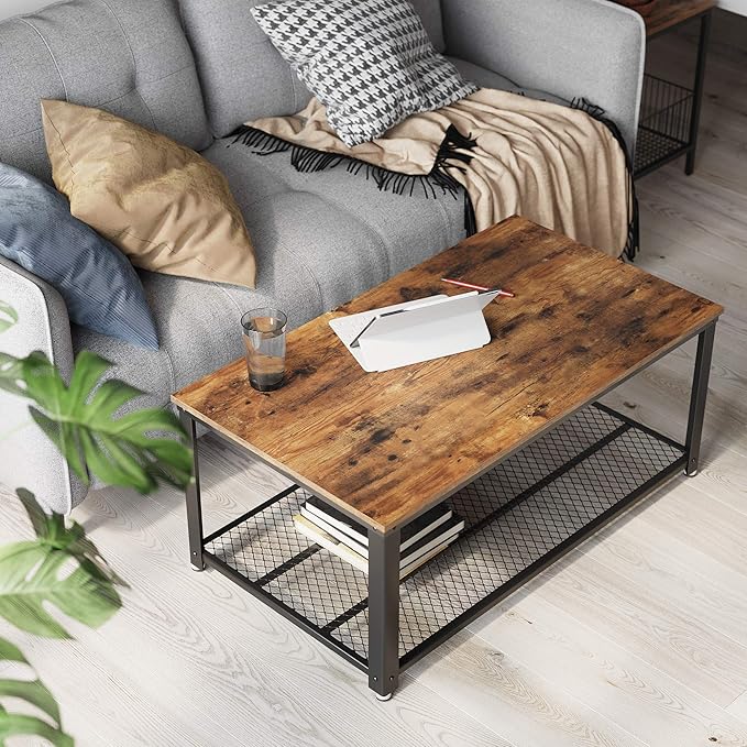 Sehpa, 2 Katlı Oturma Odası Masası, Izgara Raflı, Tv Masası, Metal Çerçeve, Ayarlanabilir Ayaklar, Oturma Odası Için, Endüstriyel Tarz, Vintage Kahverengi/Siyah Lct61X | Sehpa, geniş raflı kanepe masası, sağlam, montajı kolay, oturma odası, DAXTON LCT61X Koleksiyonu - Görsel 4