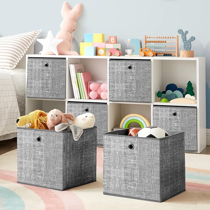 Saklama Kutusu, 6'lı Set, Dokunmamış Kumaştan Yapılmış Saplı Düzenleme Kutuları, Katlanır Kutu, Giysi Saklama, Benekli Gri | Dokusuz kumaştan düzenleme kutuları, metal halkalı, küp raf için, gri ve güvercin grisi, TINA koleksiyonu RFB02LG-3 - Görsel 3
