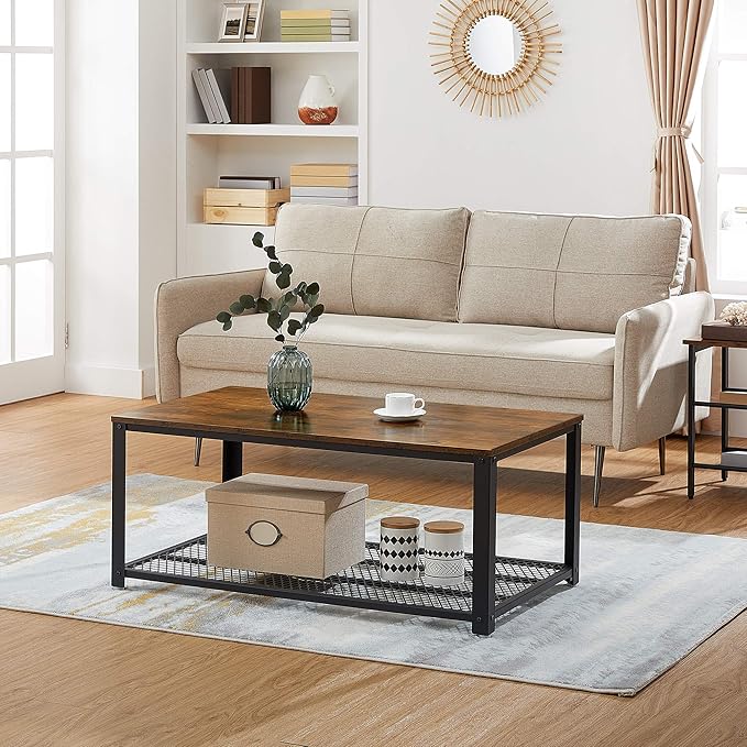 Sehpa, 2 Katlı Oturma Odası Masası, Izgara Raflı, Tv Masası, Metal Çerçeve, Ayarlanabilir Ayaklar, Oturma Odası Için, Endüstriyel Tarz, Vintage Kahverengi/Siyah Lct61X | Sehpa, geniş raflı kanepe masası, sağlam, montajı kolay, oturma odası, DAXTON LCT61X Koleksiyonu - Görsel 2