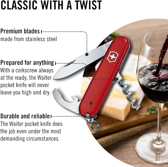 İsviçre çakısı, Waiter, Swiss Army Knife, çok amaçlı alet, 9 fonksiyonlu, bıçak, büyük, şişe açacağı, konserve açacağı, kırmızı - Görsel 5